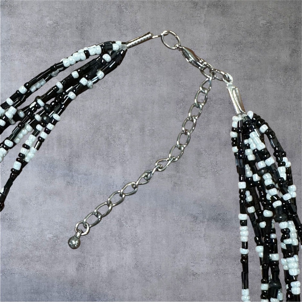 Multi Strand Necklace Black/White Seed Beaded Layered - Picture 5 of 5